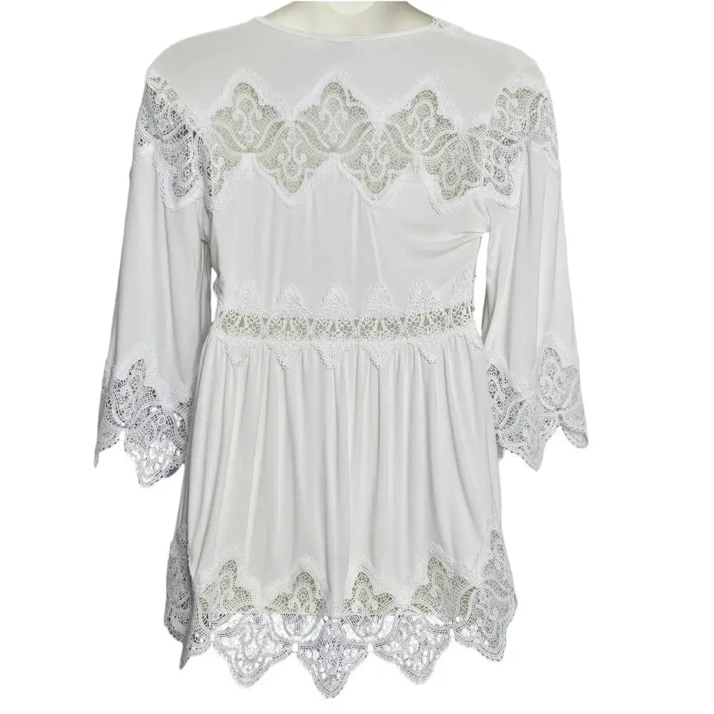 Womens Pol White Tunic Top Size Small Victorian Romantic Flowy Shirt Blouse - Picture 2 of 6